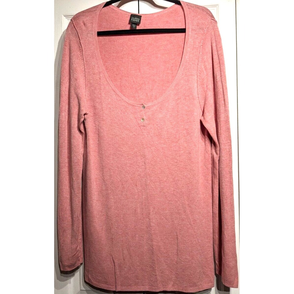 Eileen Fisher Thin Sweater Women Sz: L Pink Low Scoop Neck Italian Yarn 2 Button